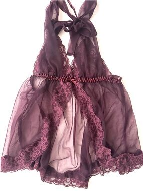 Frederick’s of Hollywood Sheer Lace Halter Babydoll Nightwear - Plum